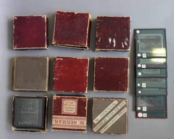 A quantity of three inch magic lantern slides, late 19th century, mainly boxed sets by W. Henman, including classical theatre and artistic subjects, (