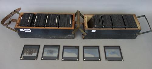 A quantity of three inch magic lantern glass slides, late 19th/early 20th century, depicting Middle Eastern people and places, cased (a.f), (approxima