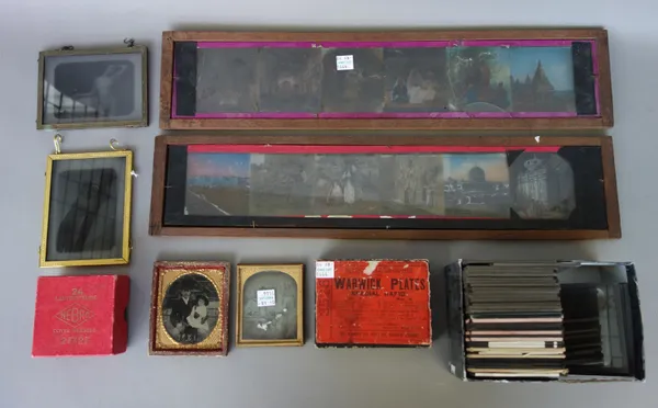 A quantity of three inch magic lantern glass slides and larger glass photographic plates, late 19th/mid-20th century, general subject matter, includin