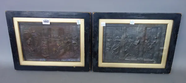 Two Grand Tour bronze plaques, 19th century, each relief cast with classical figures and titled beneath, framed and glazed, plaque approx 28cm x 19cm,