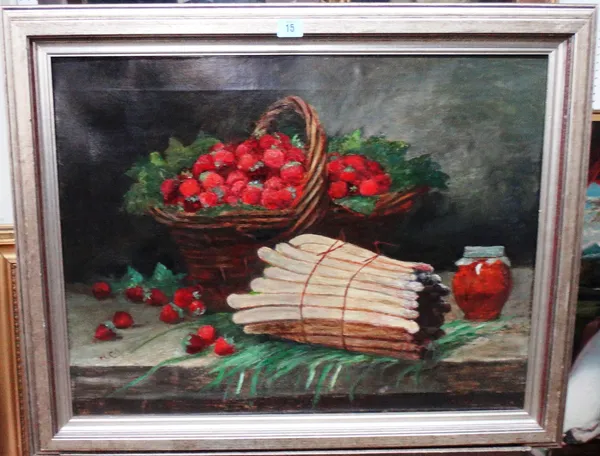 H** C** (19th century), Still life of strawberries and asparagus, oil on canvas, 50cm x 65cm.  L1