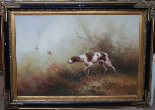 Chinese School (modern), Pointer putting up pheasant, oil on canvas, 60cm x 90cm.  F1