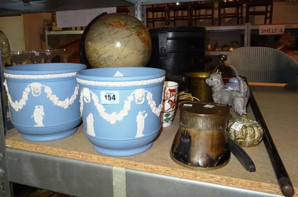 Ceramics & collectables, including; a 10 inch terrestrial  globe on stand, a black painted metal hat box, brass inkwell formed as a gourd, a pair of W