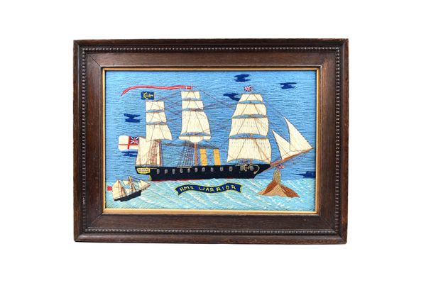 A woolwork ship picture, early 20th century, 'HMS Warrior', British war ship, fully rigged, polychrome colours, titled, framed and glazed, 53cm x 35cm