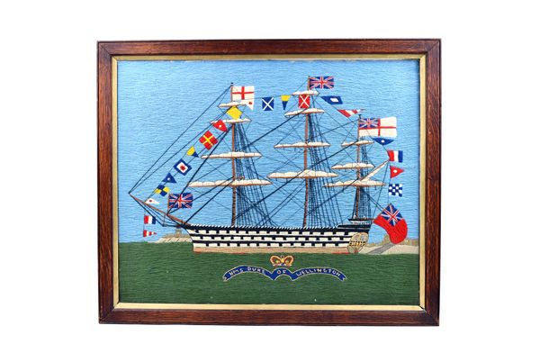 A woolwork ship picture, 'HMS Duke of Wellington', early 20th century, in polychrome colours, framed and glazed, 70cm x 57cm.  Illustrated