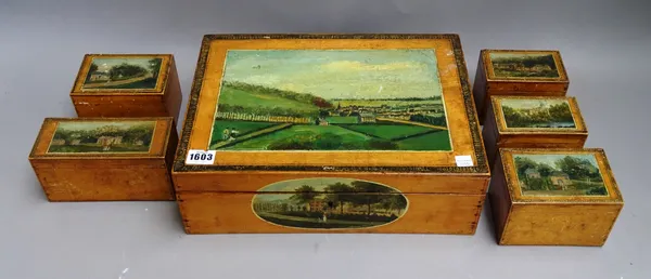A 19th century rectangular fruitwood box, with painted landscape decoration, 36cm wide x 11cm high x 26cm deep, together with five similar smaller box