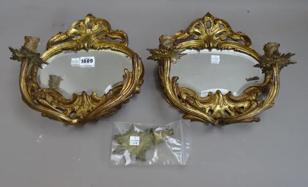 A pair of late 19th century lacquered brass twin branch girandole wall mirrors, with bevelled plate, 26cm wide x 30cm high (2).