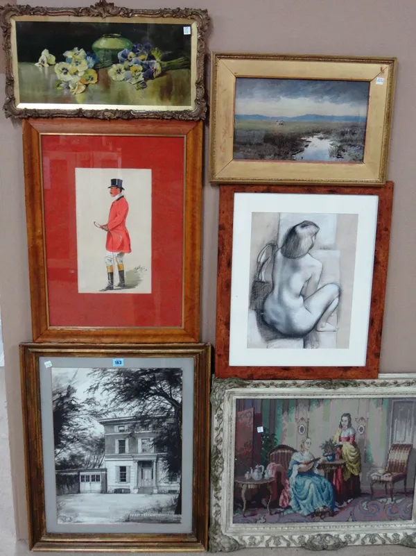 A group of assorted pictures and prints, including a monochrome watercolour of a house, an oil still life of pansies, a watercolour landscape, a paste