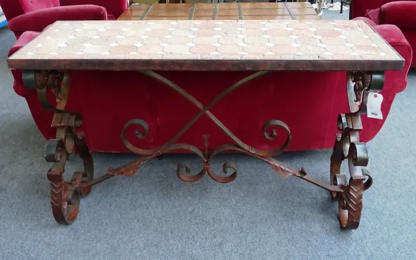 A 20th century console table, the mosaic rectangular top on a scrolling wrought iron base united by stretcher, 145cm wide x 52cm deep x 89cm high.