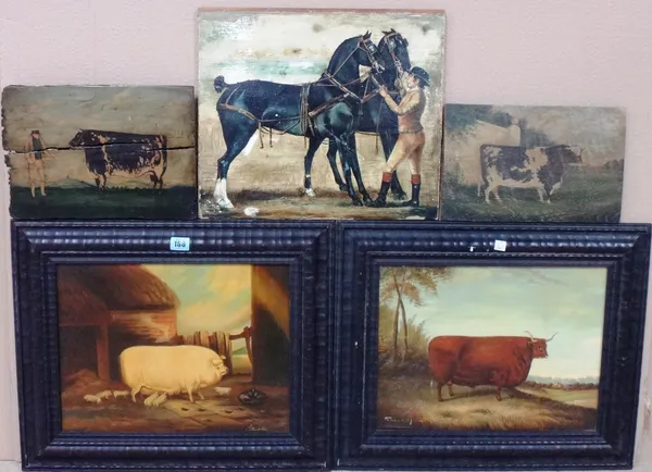 English Primitive School, Prize bulls; Horses and groom, five oils on panel, various sizes.(5) E1 CAB