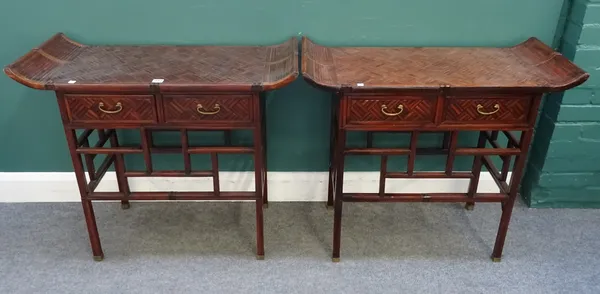 A pair of Chinese faux bamboo side tables, each with a pair of frieze drawers above cockpen frieze, 87cm wide x 78cm high x 39cm deep, (2).