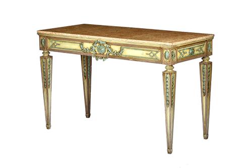 A pair of George III style consoles, each with faux marble rectangular top over a green and blue painted floral moulded base, on tapering square suppo