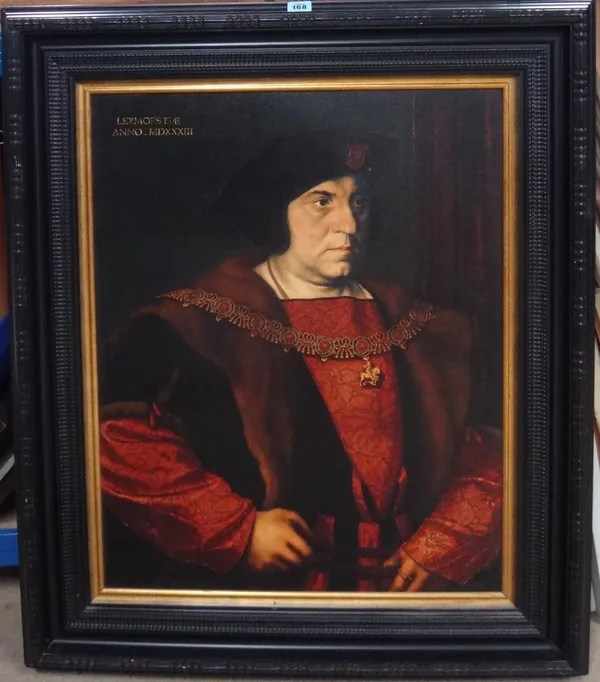 After Holbein, Portrait of a Gentleman, possibly Sir Thomas Moore, oleograph, 69cm x 55cm.  E1