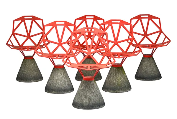Konstantin Grcic 'Chair _One A'; a set of six 20th century garden chairs, each with red painted diamond pierced aluminium seat, on tapering conical co