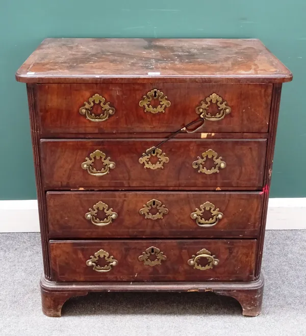A small George II inlaid walnut chest of four long drawers on bracket feet, 77cm wide x 83cm high x 49cm deep (height reduced).