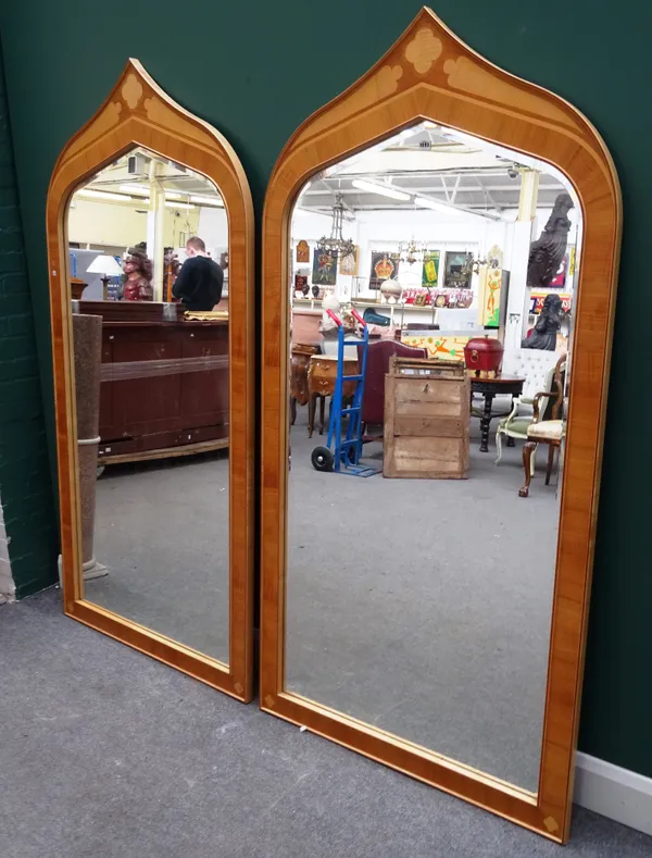 A pair of Linley style arch top wall mirrors, with satinwood and fruitwood inlaid frames, 99cm wide x 195cm high.