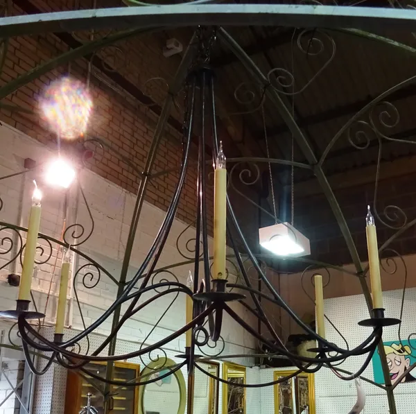 A modern wrought iron six branch chandelier of open frame form, 95cm high.  C8