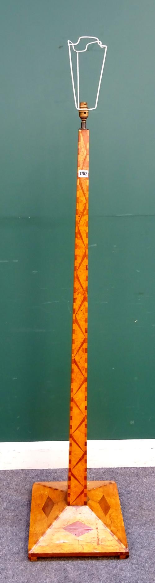 A mid-20th century inlaid walnut standard lamp, with tapering square column on flared base, 157cm high (excluding fitments).
