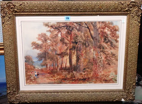 Attributed to William Bennett (1811-1871), Wooded scene with figures on a path, watercolour, 36.5cm x 54cm.  C1