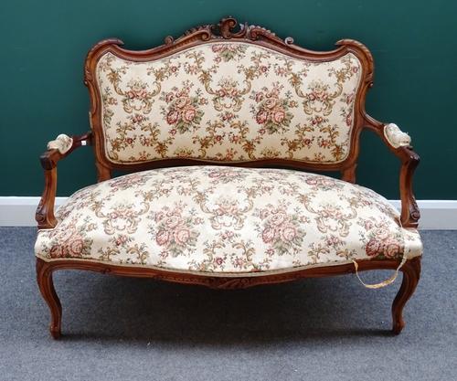 A Louis XV style salon suite, to comprise; a sofa (125cm wide x 95cm high), a pair of open armchairs (61cm wide x 90cm high) and  a pair of side chair