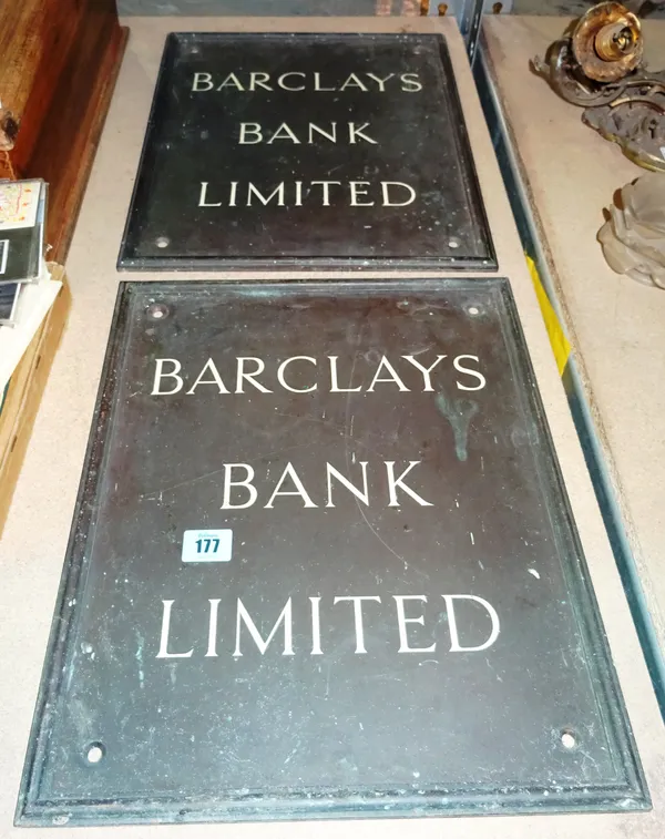 A pair of 20th century bronze 'Barclay's Bank Limited' signs, 40cm high x 32 cm wide, (2).  S2B