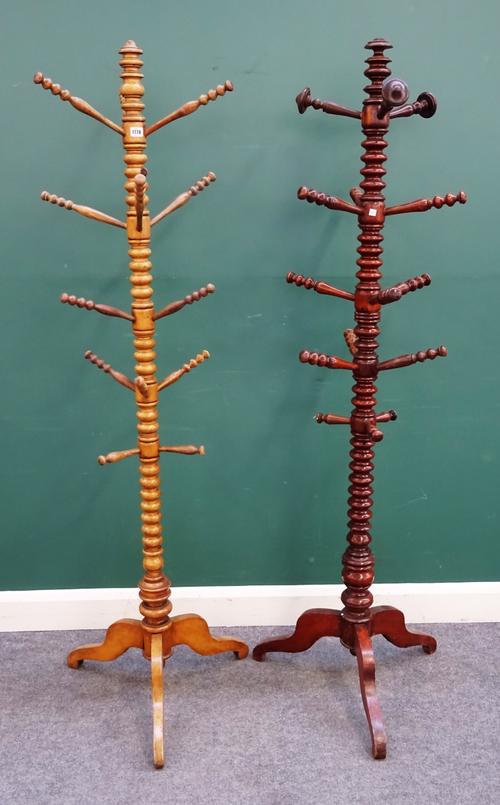 A 19th century bobbin turned fruitwood coat and hat stand, on tripod base, 187cm high, together with another similar, (2).