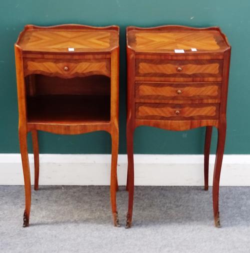 A near pair of Louis XV style French Kingwood night stands, one with three short drawers and the other with single drawer over recess, on slender cabr