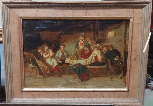 Continental School (19th century), Tavern interior, oil over a printed base, 25cm x 38cm.  D1