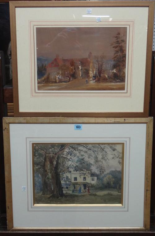 English School (19th century), Figures in a garden before a country house, watercolour, indistinctly signed and dated 1870, 26cm x 36cm; together with