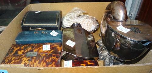 Silver plated collectables, including; a 19th century white metal mounted sewing set in a tortoiseshell case, a similar thimble box, cased napkin ring