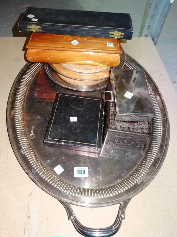 Silver plated wares, comprising; mainly flatware, some cased, large serving tray and similar smaller trays, (qty).   S1B
