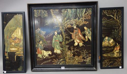 A Chinese lacquer square panel and two rectangular side panels, 19th century, the first with four figures in a landscape, one of the side panels depic