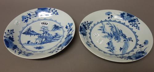 Two Chinese blue and white saucer dishes from the Nanking Cargo, circa 1750, each painted with the `Leaping boy' pattern, Christie's paper labels, 23c