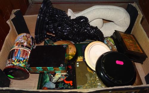 Collectables, including; a cast iron Punch door stop, Russian lacquer boxes, carved stone sculpture, Russian doll and sundry, (qty).  CAB