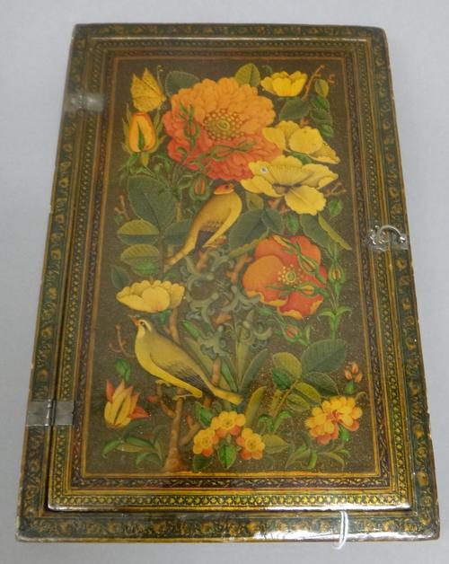 A Qajar lacquer mirror case, mid-19th century, the exteriors painted with birds perched in flowering branches with roses, bluebells, carnations, other