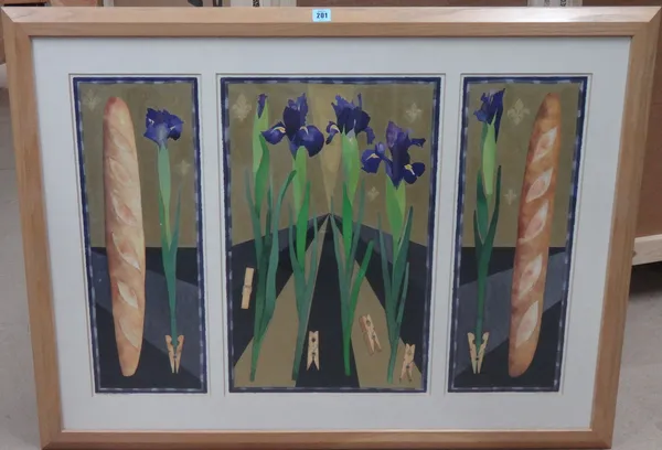 Susanna Creese (contemporary), Iris, clothes peg and a pair of baguettes, watercolour and gold leaf, signed, inscribed and dated 1993, overall size of