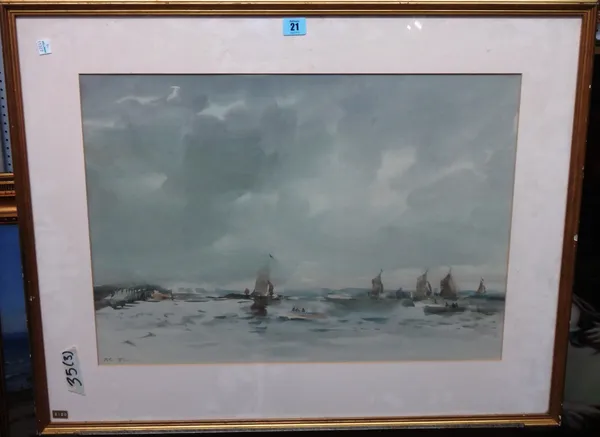 John B**** (20th century), Estuary scene with boats, watercolour, indistinctly signed, 43cm x 61cm.  L1