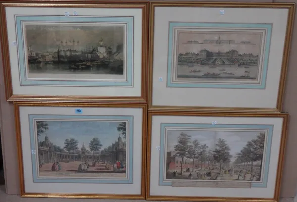 A group of eight hand coloured engravings, including views of Vauxhall Gardens; St James' Park; Royal Hospital, Chelsea, The Tower of London and other