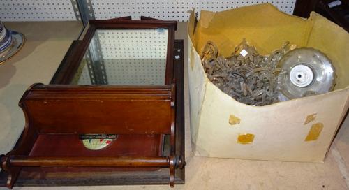 Collectables, compromising, an Edwardian hall mirror with integral glove box, 41cm wide x 85cm high, metal and glass chandelier (a.f) and two 20th cen
