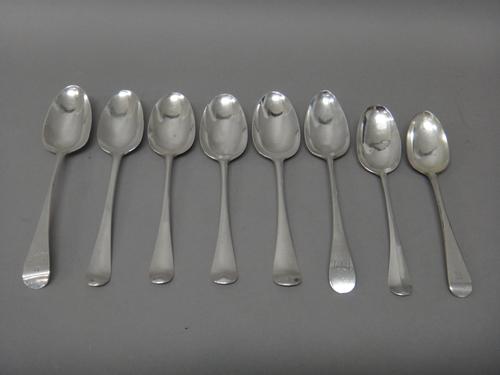 Six silver bottom marked 18th century Hanoverian pattern table spoons, two having engraved dates, 1747 and 1753, an Old English pattern tablespoon, Lo