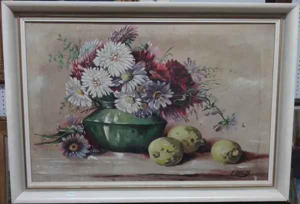 E. Guest (20th century), Still life of lemons and chrysanthemums, oil on canvas, signed, 40cm x 60cm.  A5