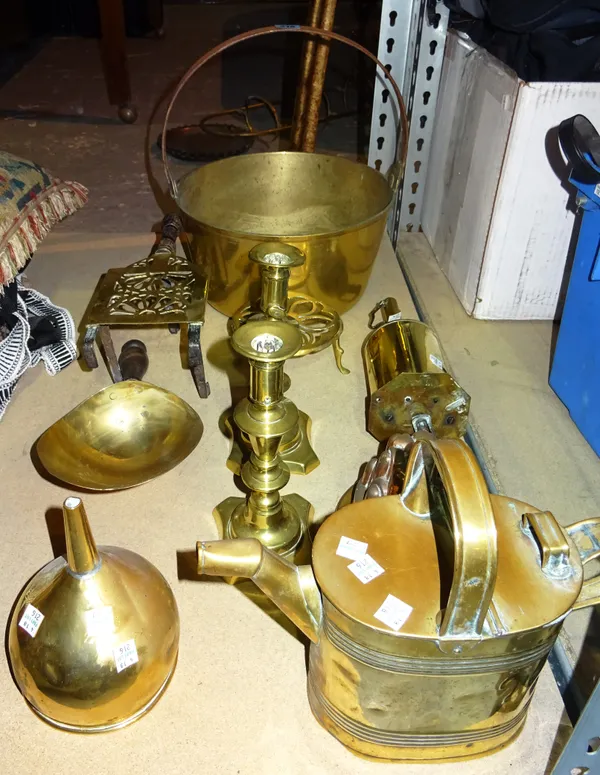 Copper & brass collectables including; a bucket, a watering can, candlesticks and sundry, (qty).   S3B
