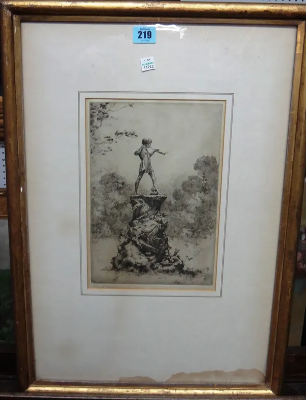 Hilda Bonsey (20th century), Peter Pan Statue in Kensington Gardens, etching, signed, 27cm x 18cm.  A4