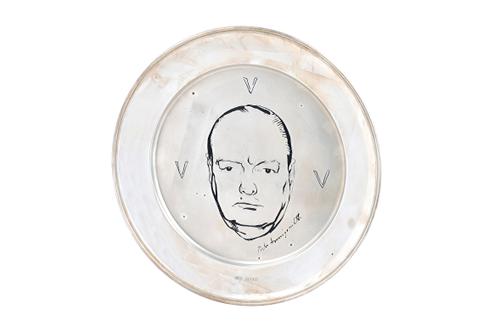 A silver circular dish, commemorating The Churchill Centenary, decorated to the centre with a portrait of Sir Winston Churchill, numbered to the back