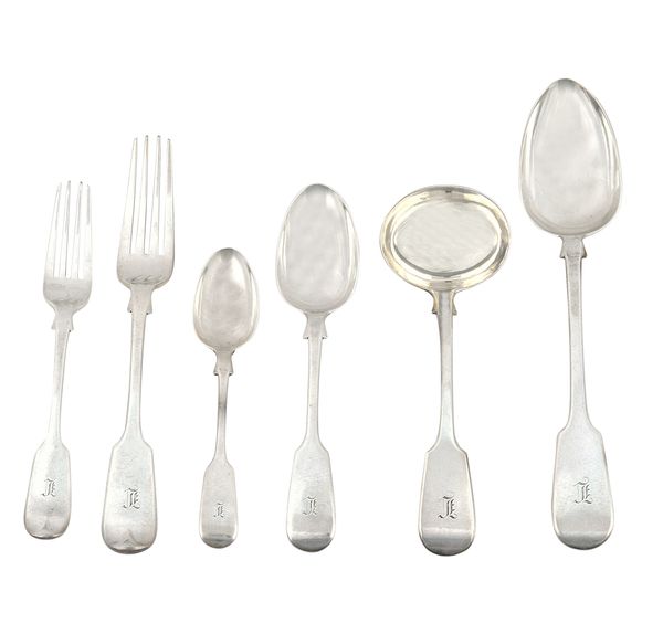 A Victorian silver fiddle pattern, part canteen of sixty pieces of table flatware, comprising; twelve table spoons, twelve dessert spoons, eleven tabl