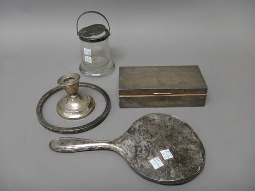 Silver mounted wares, comprising; a rectangular table cigarette box, wooden lined within, the exterior with engine turned decoration, Birmingham 1925,