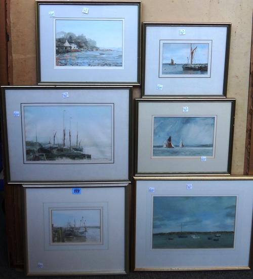 Christopher Arnold (b.1955), Fishing boats, Southwold; Barges moored at Pin Mill, Essex; Cottages on the Orwell; Boats moored on the river Orwell; Sun