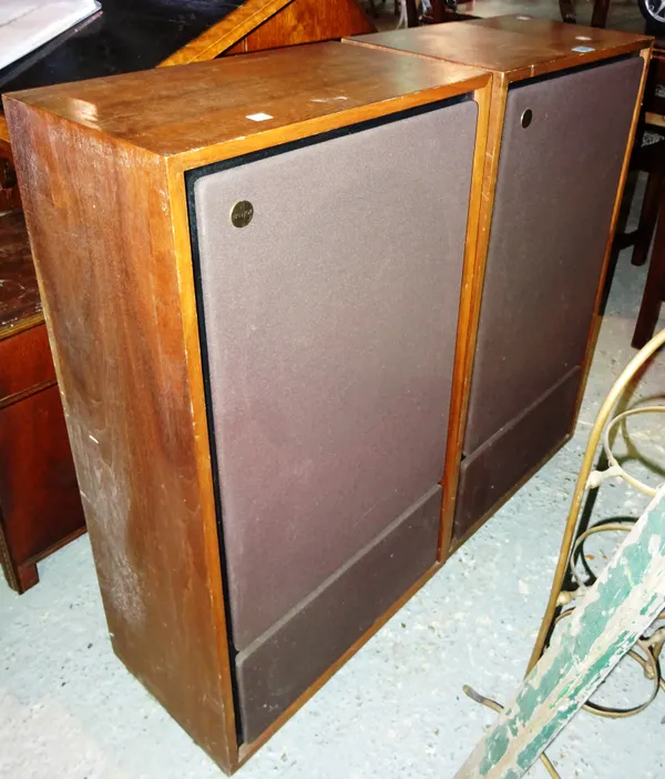 A pair of 20th century 'Tanoy Cherviot' speakers, one speaker lacking cone, each 45cm wide x 86cm high, (a.f), (2).  G5