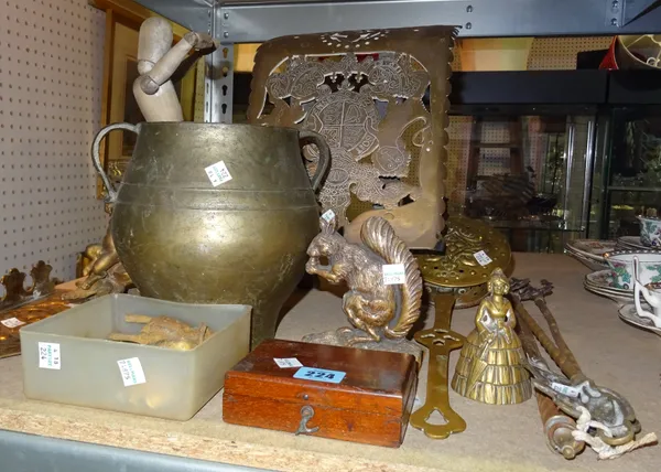 Metalwork collectables, including; a reproduction brass coach step, an embossed cooper pipe rack, a door stop formed as a squirrel and sundry, (qty).