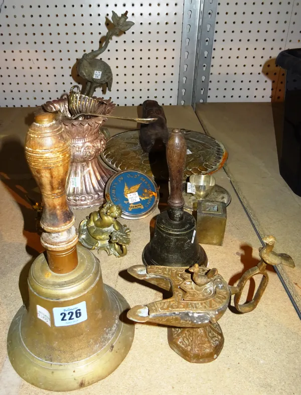 Metalwork collectables, including; white metal lamp base, hand bells, pair of embossed copper roundels and sundry, (qty).   S4M